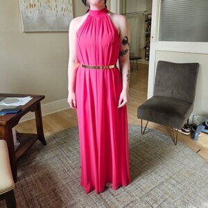 Size 8/10 salmon jumpsuit w/ large fluttery legs in chiffon and halter high neck
